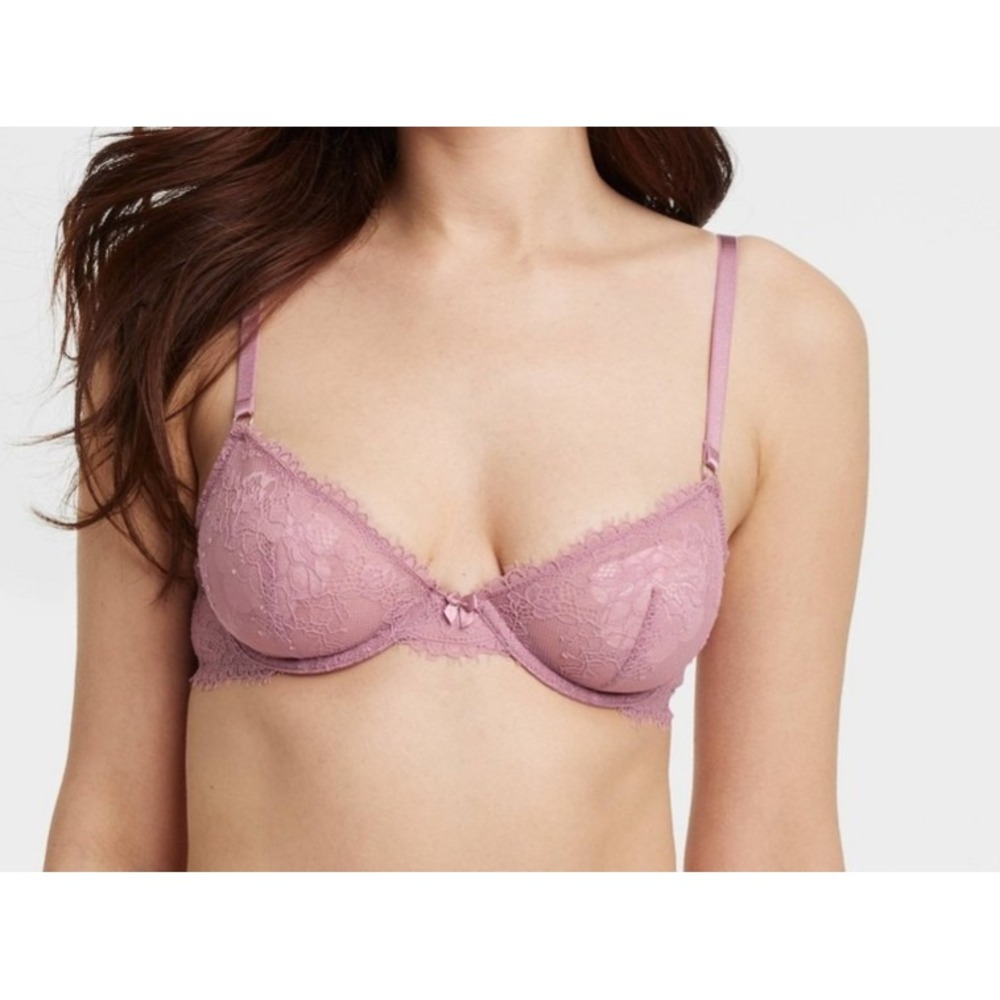 NWT~ Auden sz 36C Mauve Pink Lace Unlined Demi Underwire Bra Semi Opaque